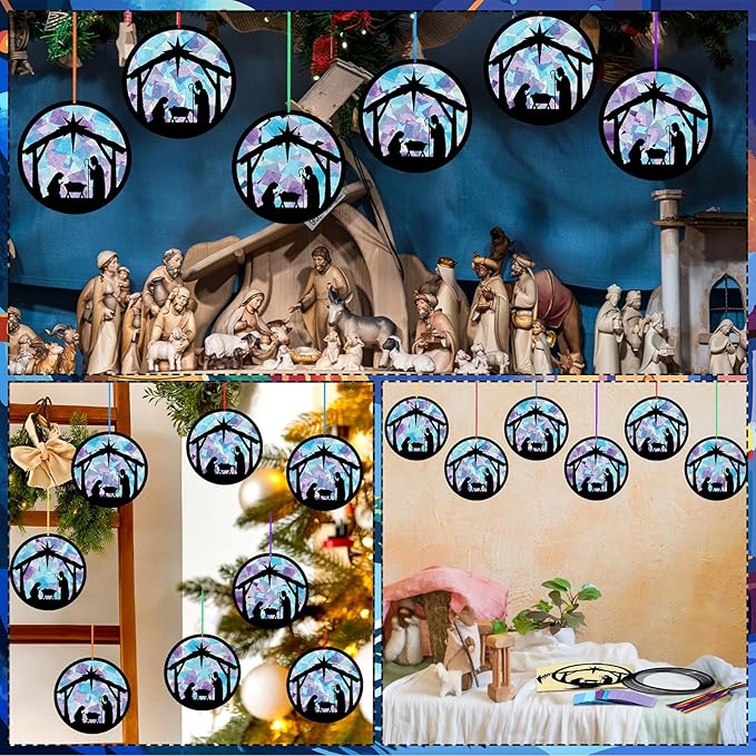 Eersida 32 Sets Christmas Nativity Suncatchers Craft Kit DIY Christianity Tissue Paper VBS Sunday School Craft Make a Nativity Tissue Paper Kit for Holy Night Christian Religious Lent Bible Window Art
