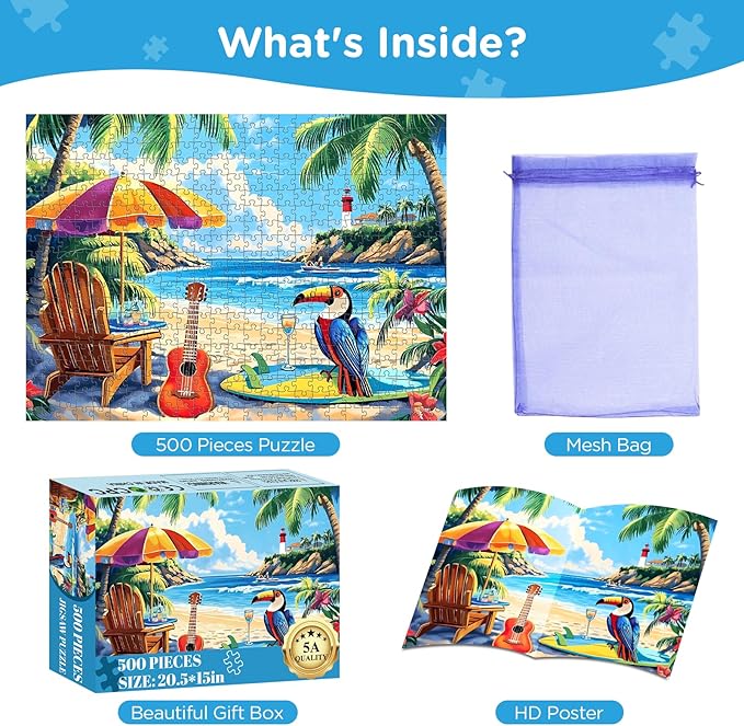 500 Piece Jigsaw Puzzle for Adults, Beach Scenery Jigsaw Puzzle, Chair and Guitar Jigsaw Puzzles, Seaside Lover Challenging Puzzles for Friends Family Activity Game Nights Gifts