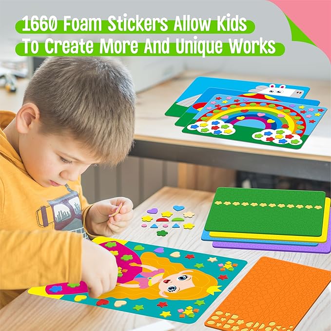 Foam Sticker Art Activity, 10 Princess & Castle Art Board with 1660 Foam Stickers in 10 Colors, Funny DIY Activity Creative Craft Kits Travel Game for Kids, Boys & Girls