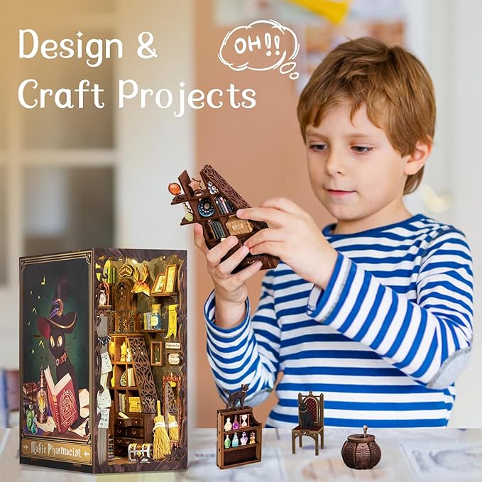 Fsolis Book Nook Kit, DIY Miniature Dollhouse Kit, 3D Wooden Puzzle for Adults, 282 Pieces, Bookshelf Decor Tiny House Mini Booknook Craft, Gifts for Women Teens and Puzzle Lovers (Magic Pharmacist)