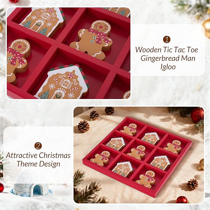 GENMOUS Christmas Tic Tac Toe Game Board Indoor Game, 10.6 Inch Rustic Giant Tic Tac Toe with Gingerbread Man and Igloo, Xmas Coffee Table Decor, Fun for Home Room Holiday Decorations