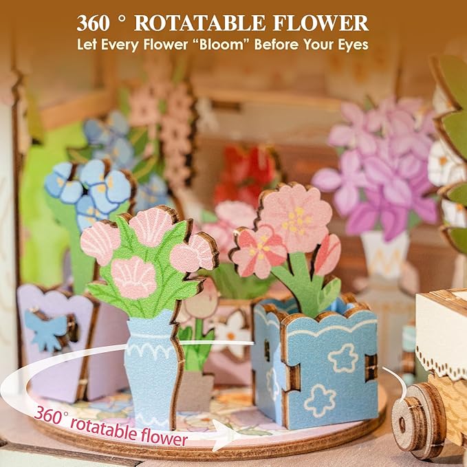 MOMIBOOK Book Nook Kit 153 Pcs DIY Miniature Dollhouse Kit for Adults, 3D Wooden Puzzle Mini Booknook Bookend Bookshelf Decor, Tiny House Model, Party Christmas Birthday Gifts, Flower Shop Cabin