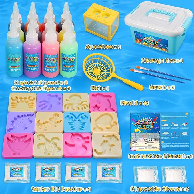 MDINGTD Magic Water Elf Toy Kit, DIY Magical Gel Art Crafts Kits with 12 Gels and 12 Molds, Make Your Own Creative Toys Party Favors Easter Christmas Birthday Gifts for Boys Ages 4-12