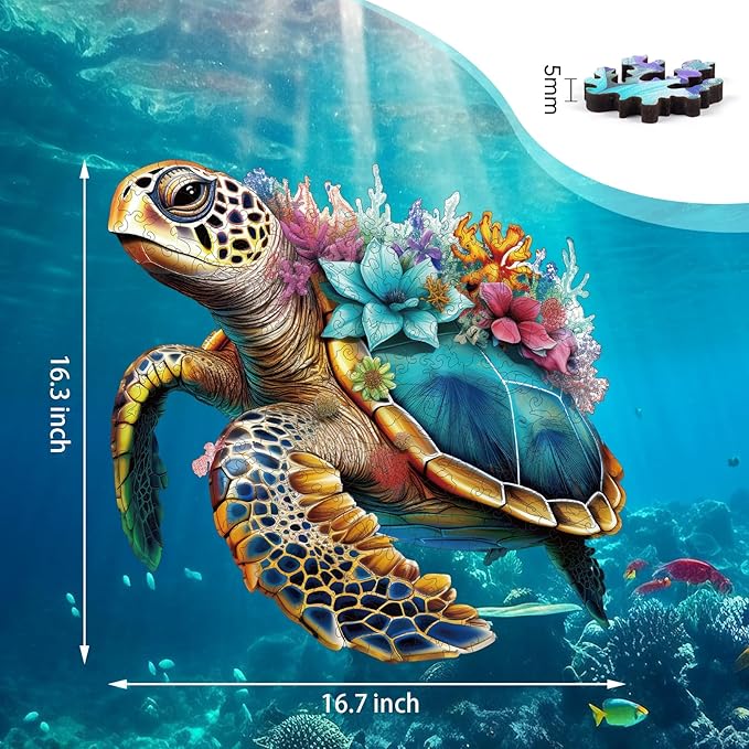 Wooden Puzzles for Adults, Coral Sea Turtle Jigsaw Puzzles 500 Piece, Unique Shape Puzzles for Adults and Kids, Fun Challenging Puzzles Family Game Gift, Royal Size 16.7 x 16.3 Inches