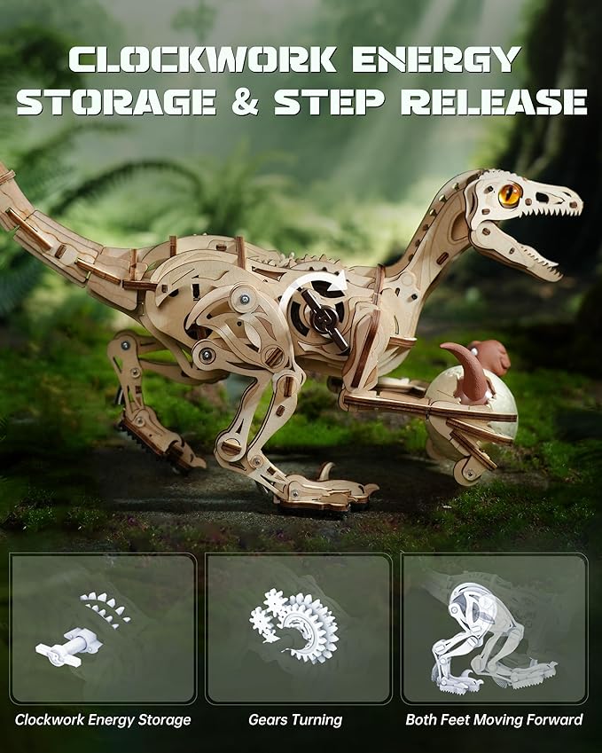 ROBOTIME Dinosaur 3D Wooden Puzzles, Velociraptor Model Kits can Walk, Mechanical Dinosaur STEM Toys, 3-D Puzzles Building Kit Gifts
