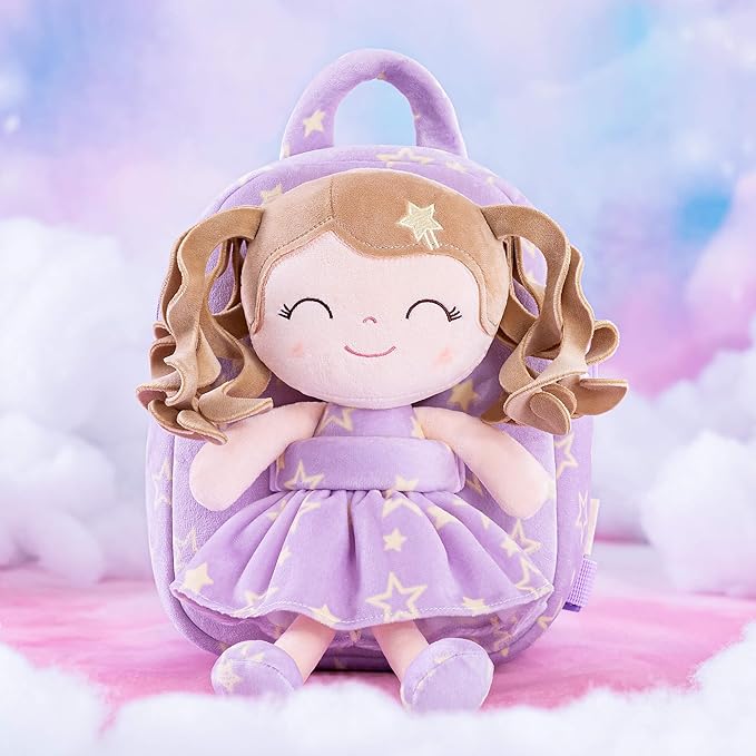 Gloveleya 3.5L Curly Hair Plush Figures Dress Backpack - Purple Star, 9 inches, 3.5 liters