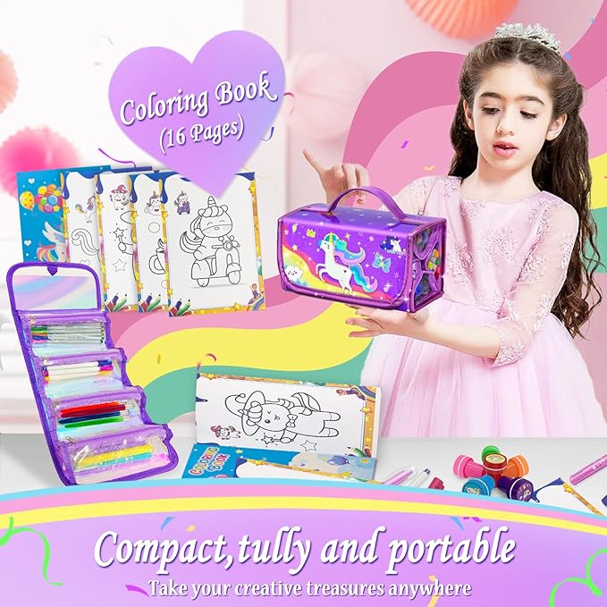 weirtoya 56 PCS Washable Scented Markers Set with Glitter Pencil Case, Mermaid Unicorn Arts and Crafts for kids 4-6-8 Kids Coloring Drawing Kits for 4-8 Years Old Girls Birthday Gifts