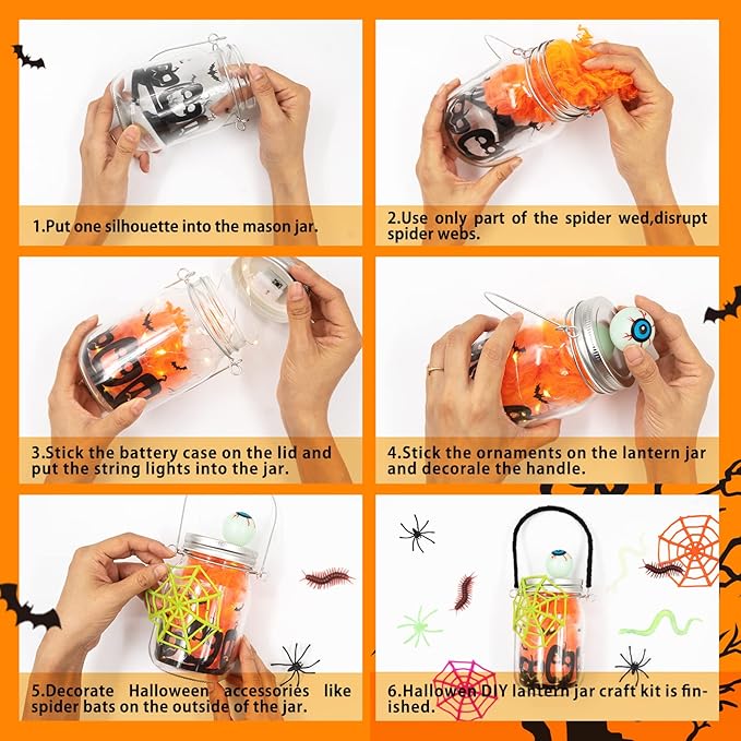 Shemira Halloween Craft Kit for Kids, 4 pcs Glass Mason Jar with Accessories for DIY Lantern Jar, Halloween Art & Craft Party Supplies, Art Activities