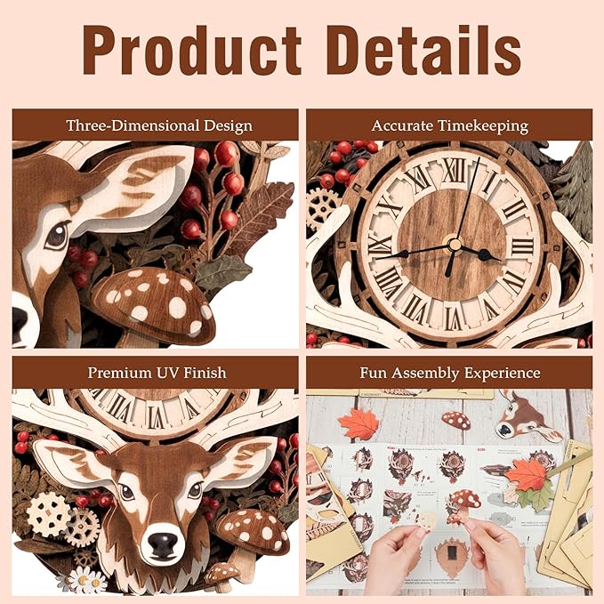 3D Puzzles for Adults Clock-Reindeer Design Model Kit-Mechanical DIY Pendulum Clock with Roman Numerals-Desk Home Office Decor Personalized Gift for DIY Lovers