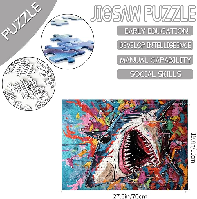 Animal 1000 Piece Jigsaw Puzzles for Adults Graffitic Shark Painting Jigsaw Puzzle Underwater World 1000 Pieces Puzzles Game Home Wall Decor DIY Craft Aquarium Sea Life Puzzle Art Gift(Colorful)