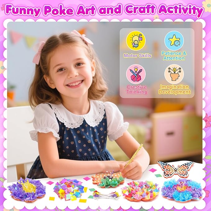 Poke Art and Craft Flower Bouquet Kits for Girls, 8 Flowers & 2 Butterflies with Wooden Vase, Mess Free DIY Creative Activity, Birthday Gifts Toys for 5 6 7 8+ Year Old Girls