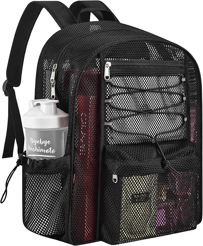 Mesh Backpack Heavy Duty for School, 24L Large Mesh Bookbag for Adults, Black School Bag with Comfort Padded Straps for Work Swimming Beach Fitness Sport
