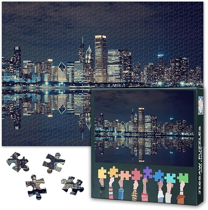 1000 Piece Puzzle for Adults Chicago Downtown at Night - Jigsaw Puzzles 1000 Pieces, Hard Difficult Challenging Puzzle City Skyscrapers (27.5"x19.7"), Family Game Night Gift & Home Decor
