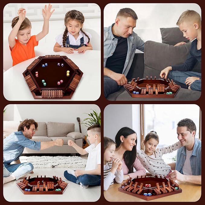 Shut The Box Game Wooden Board 6-Way with Carry Bags and 16 Dice, Portable Close The Box Game for 1-6 Players, Math Educational for Kids, Adults (Instruction Included)