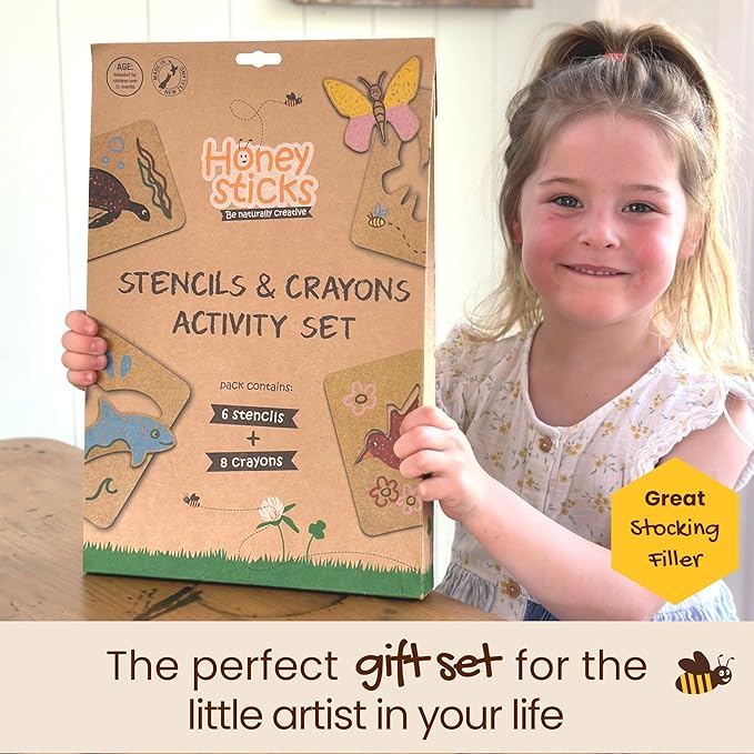 Honeysticks Kids Activity Set - 6 Large Stencils for Kids Plus Jumbo Non-Toxic Beeswax Crayons (8pk), Perfect First Stencils for Toddlers Preschool Art, Drawing and Coloring, Ideal Gifts for 3-5