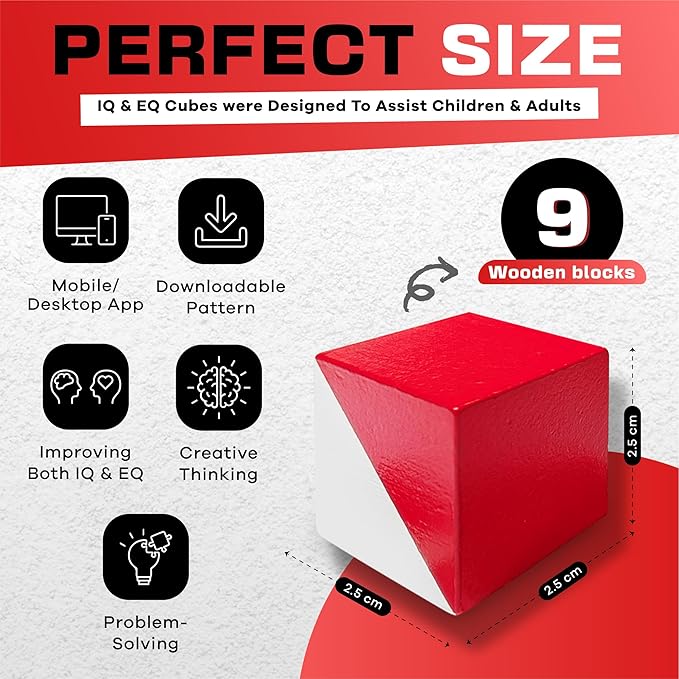 PrfcNL IQ Test Blocks - 9 wooden cubes in white and red with 60 patterns and mobile app, ideal for WISC, WAIS, WPPSI prep,educational STEM Montessori gift toy for All Ages Challenge