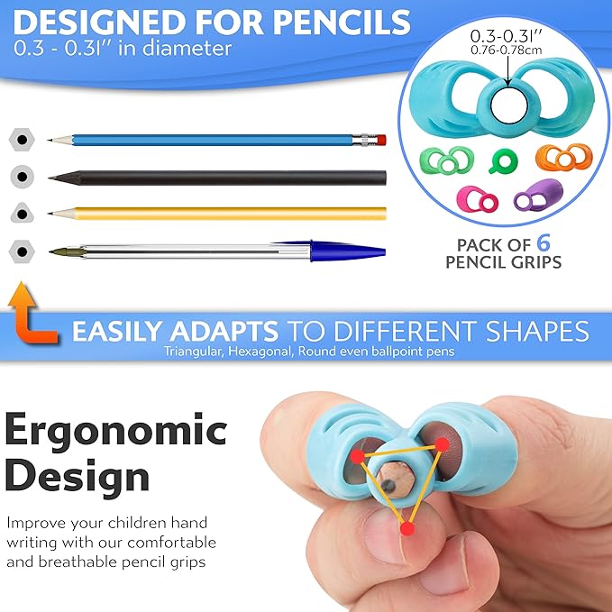 Stylo Pack of 6 Pencil Grips for Kids Handwriting Perfect Pencil Holders Home Schooling and Preschool Writing Tools Assorted Pen Grips Christmas Gifts (Pack of 6, Multicolored)