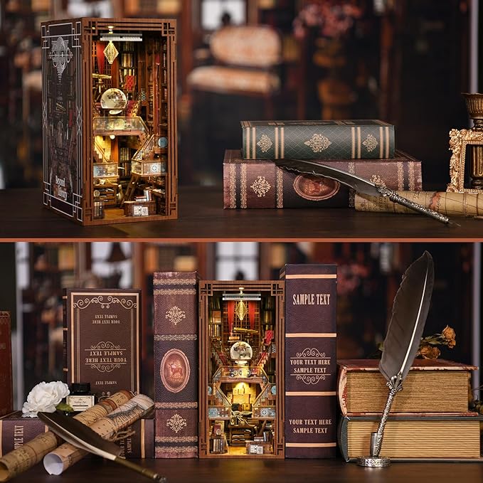 DIY Book Nook Kit for Adults, 3D Wooden Puzzle Bookend Bookshelf Insert Decor with LED Light and Dust Cover (Beyond Library)