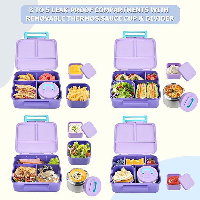 MAISON HUIS Kids Bento Box Set - Includes 8oz Soup Thermo, Insulated Lunch Bag & 17oz Stainless Steel Water Bottle, 5-Compartment Bento Box with Built-In Ice Pack, Leak-Proof & BPA-Free(Purple)