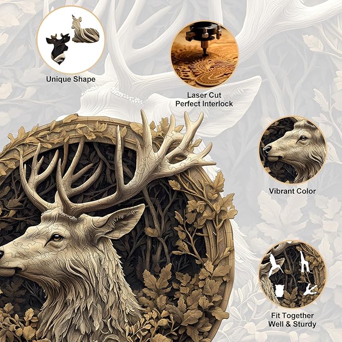 Wooden Puzzles for Adults, 3D Vision Effect Deer Wooden Jigsaw Puzzles Unique Shape Advanced Wood Puzzle Adult, Flat Puzzle Fathers Birthday Family Game (13.4 * 13.2in 295pcs)