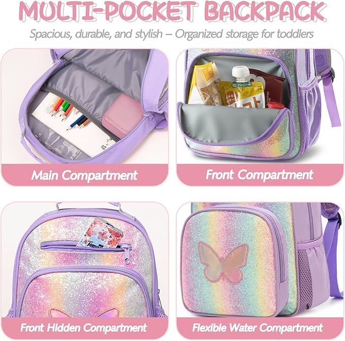 Toddler Backpack for Girls 2-4,Preschool Kindergarten Butterfly Backpacks,Small Backpack for Kids,Toddler Bookbag with Chest Strap