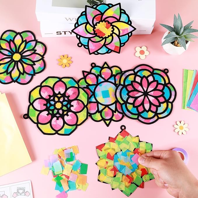 Qyeahkj 36 Set Mandala Suncatchers Crafts for Kids DIY Mandala Window Tissue Paper Craft Kit Art Flower Hanging Decor for Summer School Home Activity Art Project Birthday Party Favor Gift
