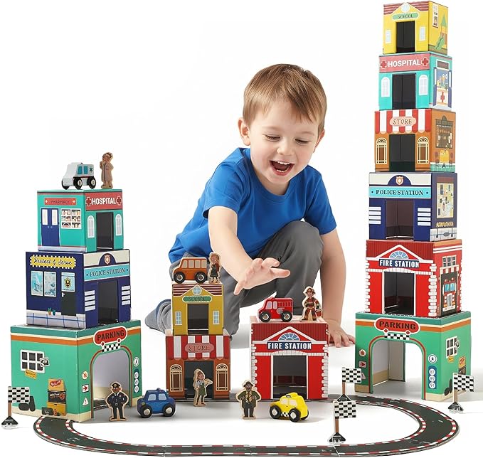 Youuys Sorting and Stacking Toys for Toddlers with Nesting Garages & Race Track & Wooden Cars & Community Helpers, Montessori Nesting Boxes for 1-3 Preschool Learning for 1 2 3 Boys Girls Gift