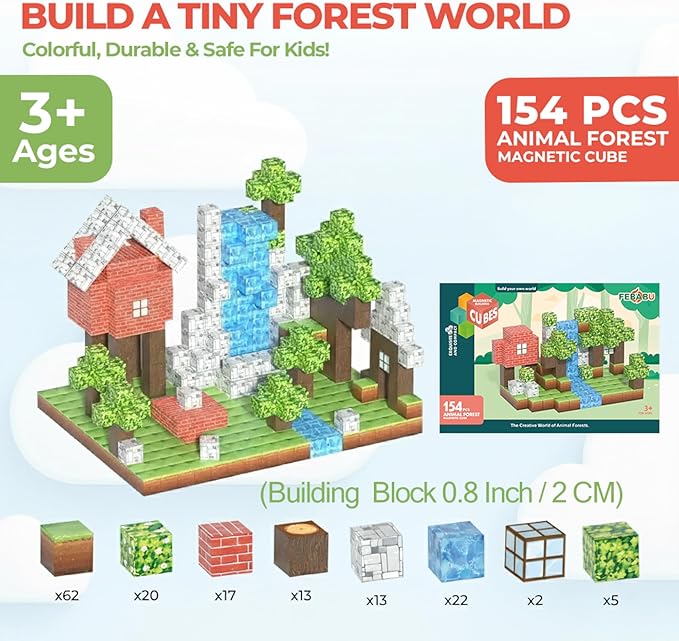 154PCS Magnetic Blocks - Build Animal Forest Set, Magnetic Tiles Building for Boys & Girls Age 3-8, STEM Montessori Sensory Toys for Toddlers Kids Gifts for 3+ Years Old, Construction Toy
