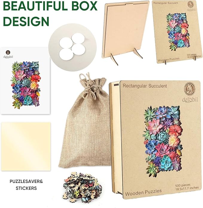 delobil Rectangular Succulent Wooden Puzzles,500 Pieces Jigsaw Puzzles 18.5'' x11.7'', Unique Design Liberty Wooden Puzzles for Adults and Kids, Family Game Gift Royal Size