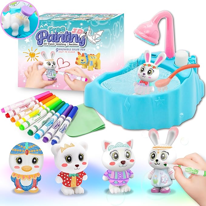 Trubic Kids Pet Washable Recolor Paint Arts and Crafts Toys, Creative DIY Painting Kits Set for Kids, Gift for Boys Girls Age 3 4 5 with 4 Figurines, 9 Washable Markers, 1 Brush & 1 Tub