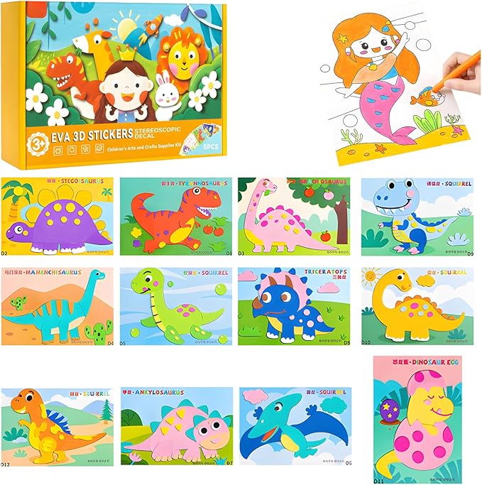 SEPSUMMER 3D EVA Sticker Craft, 12pcs/Set Sticker Puzzle Pleasure DIY Cartoon Animal Learning Education Program for Toddler Kids Art Craft Kits (Dinosaur Club)