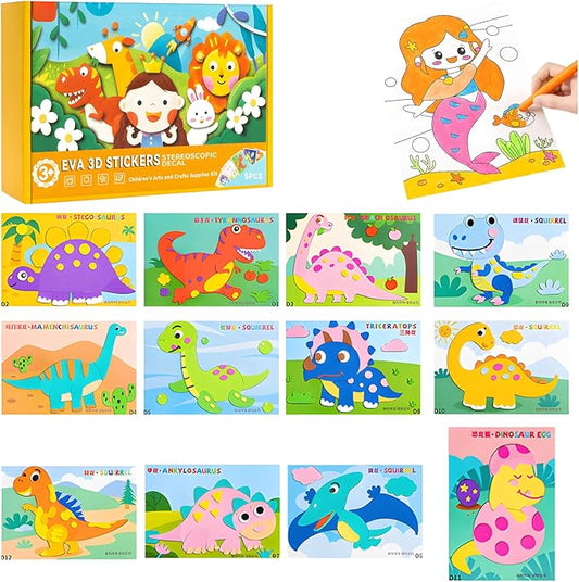 SEPSUMMER 3D EVA Sticker Craft, 12pcs/Set Sticker Puzzle Pleasure DIY Cartoon Animal Learning Education Program for Toddler Kids Art Craft Kits (Dinosaur Club)
