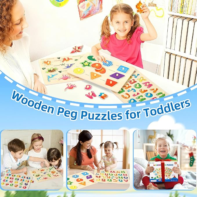 Montessori Wooden Peg Puzzles for Toddlers 3 4 5 Year Old, 4 Pcs Kids Educational Toys Preschool Learning Activities-Alphabet, Shape, Number and Dinosaur, Baby Puzzle Gifts for Boys Girls