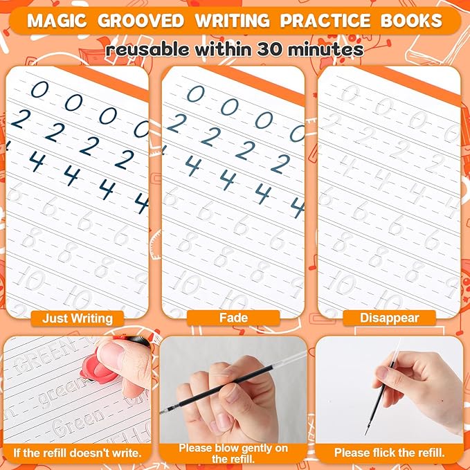 gisgfim 8 Pack Magic Grooved Writing Practice Books for Kids Reusable Magical Handwriting Workbooks with Disappearing Ink Pens Pencil Grips Letter Tracing Copybook for Kindergarten Preschool Age 3-8