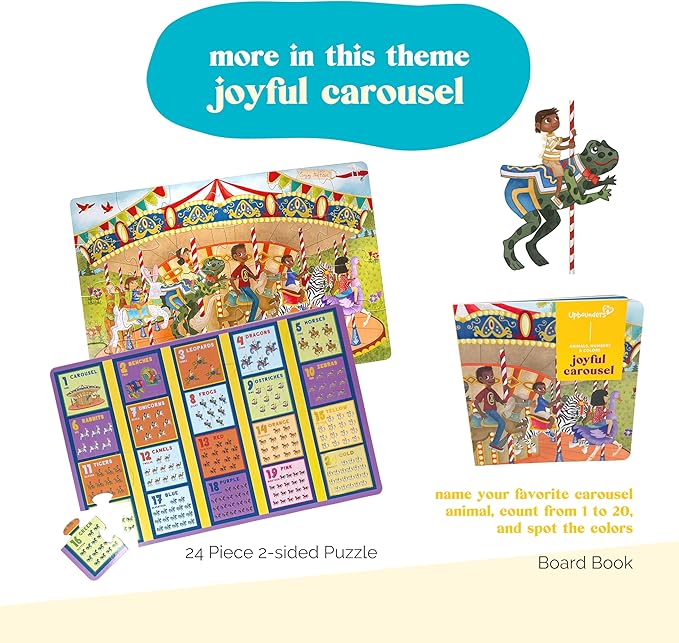 Upbounders® Double Sided Carousel Animal Jigsaw Puzzle & Picture Book Set for Kids | 24 Pcs Animals, Numbers & Colors Educational Toddler Toy | Preschool Jumbo Puzzle with Board Book for Boys & Girls