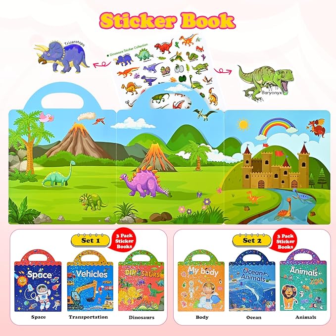 EooCoo Reusable Sticker Books for Kids, Toddler Craft Activities, Sensory Educational Toys, Toddler Travel Toys Games Crafts Gifts - Space, Dinosaurs and Vehicles