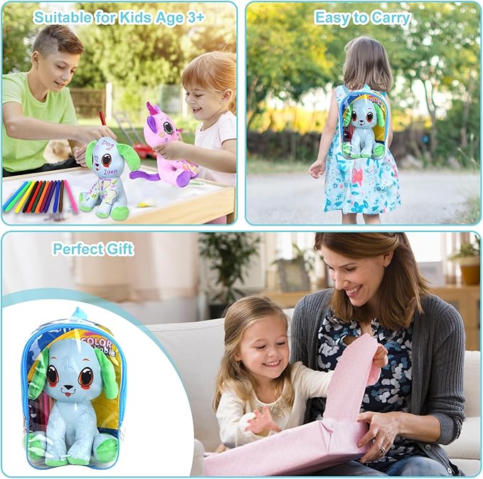 Coloring Plush Toy with 12 Washable Markers for Little Girls Doodle Dolls Arts and Crafts Soft DIY Washable Doodle Stuffed Animal Toy for Kids Ages 4-6 Birthday (Green Puppy)