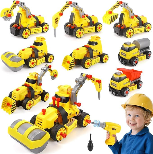 9 in 3 Take Apart Toys with Electric Drill Take Apart Truck Toys Construction Set DIY Engineering Building Toy Push Go STEM Toy Gift for Boys Toys Ages 4-7 Years Old Gift
