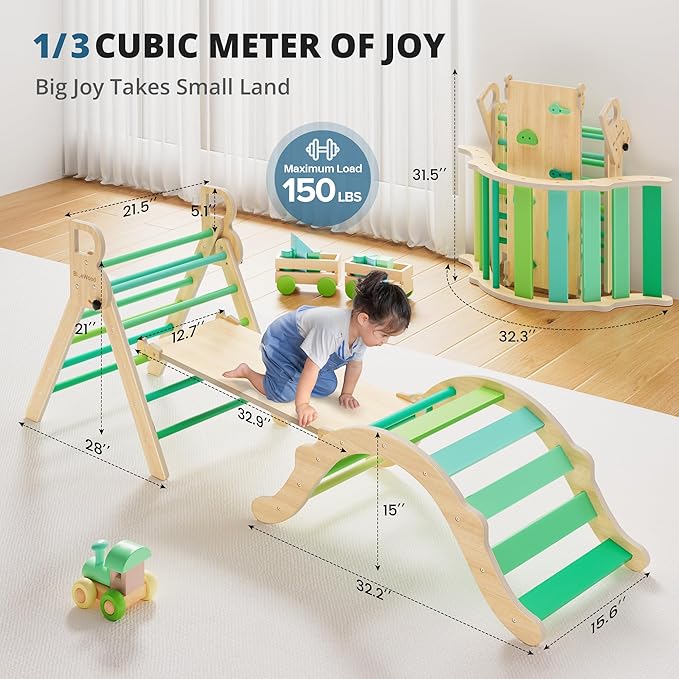 BlueWood Pikler Triangle Set, Toddler Wooden Climbing Toys Indoor 7in1 Foldable Climber for Kids, Montessori Philosophy Play Jungle Gym with Arch, Ramp, Ladder (Green Summer)