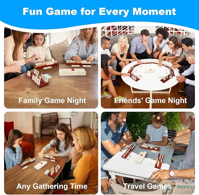 Rummy Cube 6-8 Players with 8 Wooden Racks 214 Large Number Rummy Tiles Travel Size Rummy Cube Game with Case 8 Players Travel Game Set for Fun Family Board Games