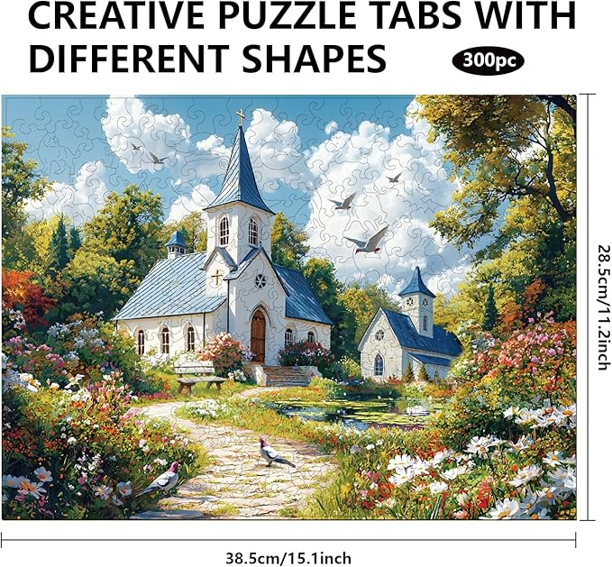 GLOBLELAND 300Pcs Garden Church Wooden Jigsaw Puzzles for Adults 11.22x15.16inch Religion Landscape Wood Puzzles Colorful Unique Shaped Wood Puzzles for Anniversary Holiday Birthday Gifts