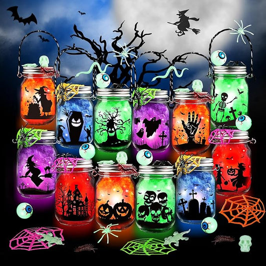 Shemira Halloween Craft Kit for Kids, 12 pcs Glass Mason Jar with Accessories for DIY Lantern Jar, Halloween Art & Craft Party Supplies, Halloween Art Activities, Crafts and Arts Party Supplies