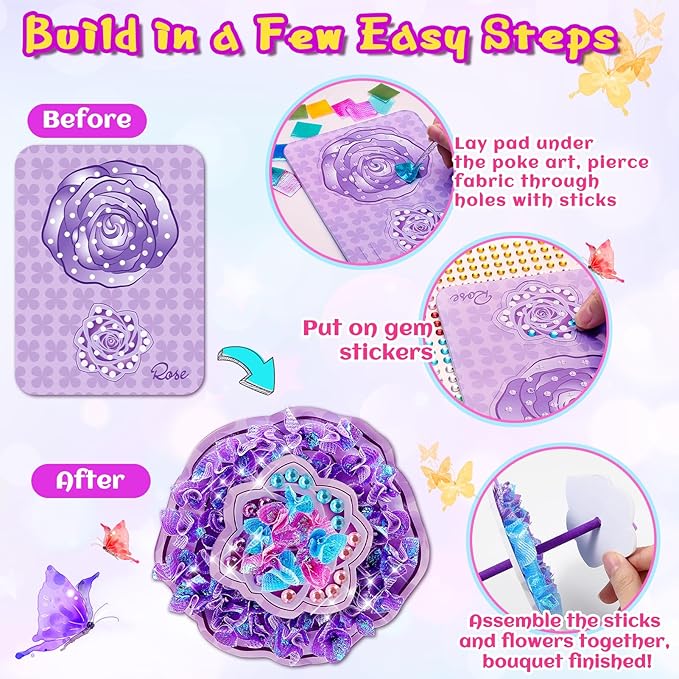 CrispPlay Crafts for Kids Ages 4-8 8-12 Girls Toys, 8pcs Poke Art Craft Kits for 4 5 6 7 8 9 Year Old Girls Birthday Christmas Gifts, DIY Bouquet & Butterfly, Mess Free