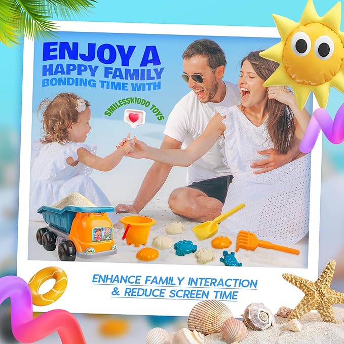 SMILESSKIDD Beach Toys for Toddlers 1-3, Kids Sand Toys Set with Beach Dump Truck, Sand Truck, Shovels, Molds - Outdoor Sandbox Play for Toddlers