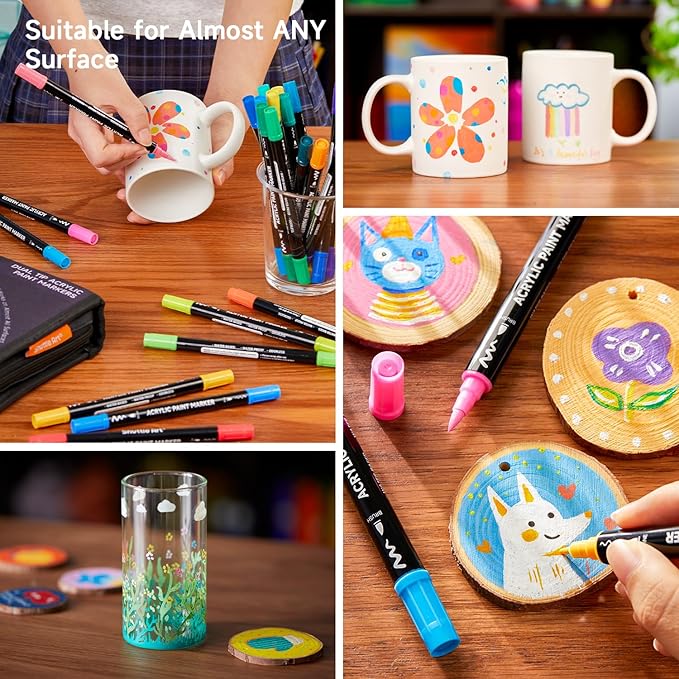 Shuttle Art 80 Colors Dual Tip Acrylic Paint Markers, Brush Tip and Fine Tip Acrylic Paint Pens for Rock Painting, Ceramic, Wood, Canvas, Plastic, Glass, Stone, Calligraphy, Card Making, DIY Crafts