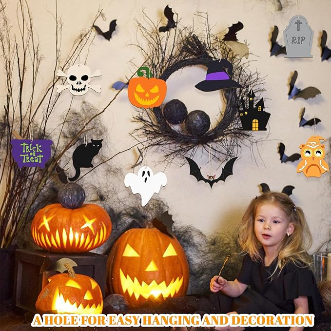 80PCS Halloween Unfinished Wooden Cutouts to Paint Halloween Decorations Hanging Ornaments Ghost Witch Pumpkin Spider Blank Shape Craft Tags