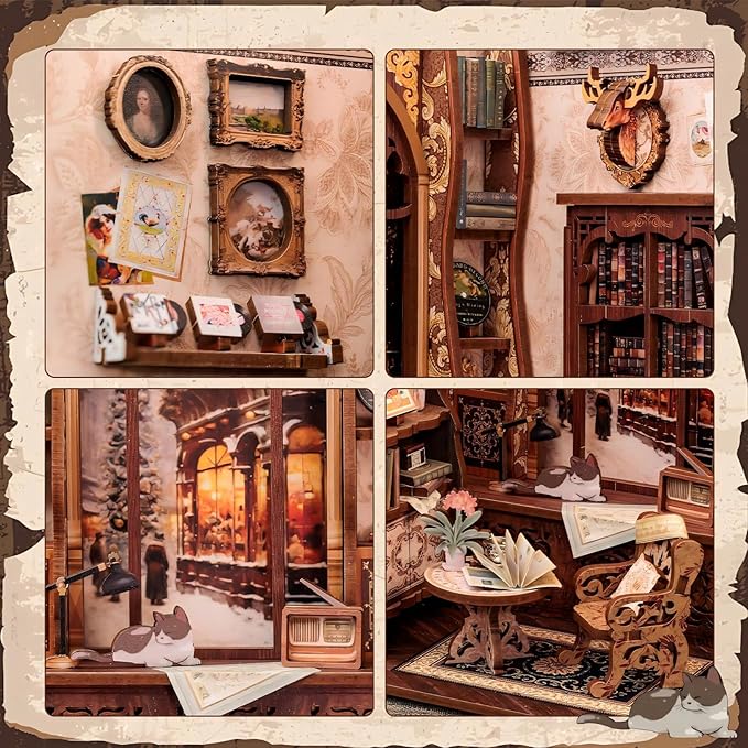 Fsolis Book Nook Kit, DIY Miniature Dollhouse Kit 3D Puzzles for Adults and Beginners, 127 Wooden Pieces, Tiny House Mini Booknook Craft Bookshelf Decor, Gifts for Women Book Lovers(Bookshop Memory)