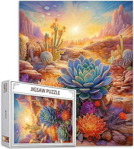 1000 Piece Jigsaw Puzzles for Adults America Arizona Desert Painting Jigsaw Puzzle Tropical Succulent Plants 1000 Pieces Puzzles Game Home Wall Decor DIY Craft Landscape at Sunset Puzzle Art Gift