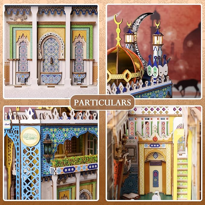 DIY Book Nook Kit, 3D Wooden Puzzle Mosque Miniature Booknook Bookend Bookshelf Decor with LED Light, The Tiny House for Adults Teen, Dollhouse Kit (Mosque)
