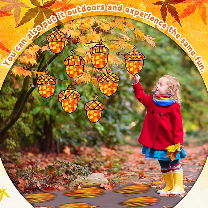 32 Sets Pine Cones Suncatchers Craft Kit DIY Window Stained Glass Effect Fall Autumn Pine Cones Paper Craft Home School Classroom Decoration Kid Birthday Gift Creative Art Project Activity Game